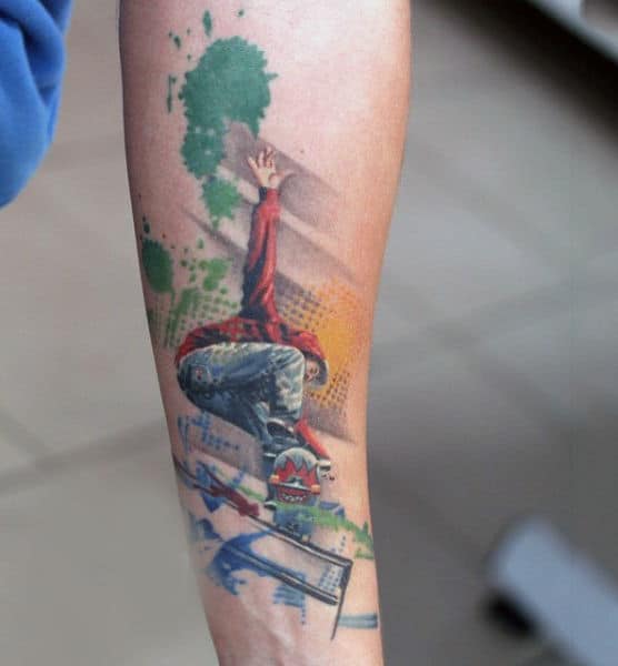 Amazing Watercolor Skateboard Tattoos For Guys On Wrist