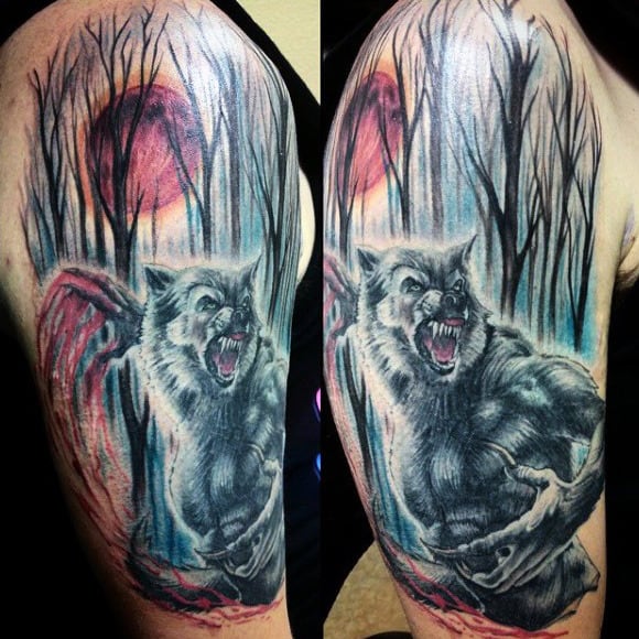Amazing Watercolor Werewolf Tattoo Male Upper Arms