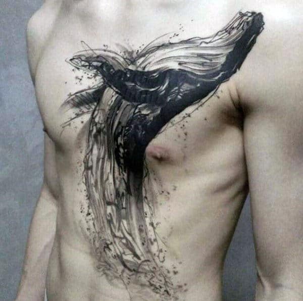 Amazing Whale Watercolor Splashing Water Guys Full Chest Tattoo Design Ideas