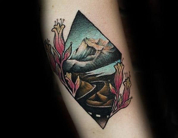 Amazing Windy Road With Mountains Wanderlust Mens Forearm Tattoo