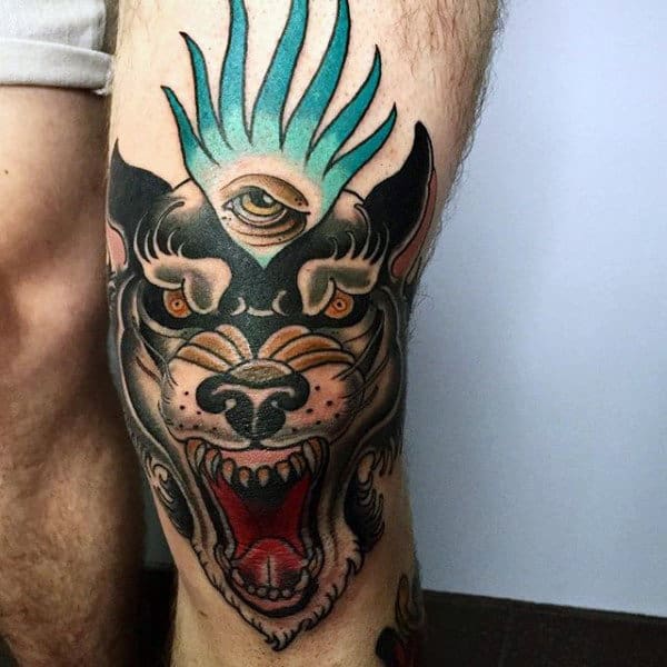 Amazing Wolf Knee Eye Tattoo On Gentleman