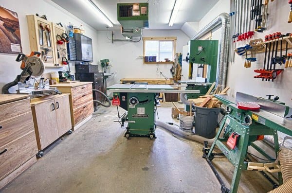 garage workshop saw wood cabinets hanging wall tools