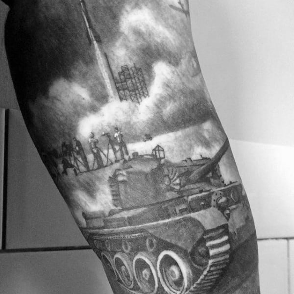 Amazing Ww2 Rocket And Tank Guys Arm Sleeve Tattoo