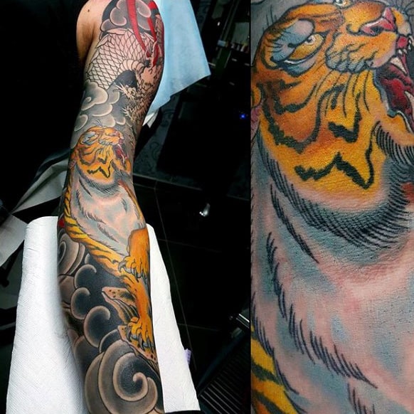 Amber Tiger Japanese Sleeve Tattoo