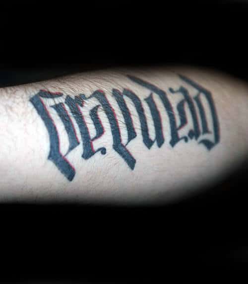 Ambigram Grandpa Guys Arm Tattoos With Red And Black Ink