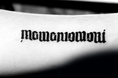 Ambigram Memento Mori Mens Outer Forearm Tattoo Design Inspiration
