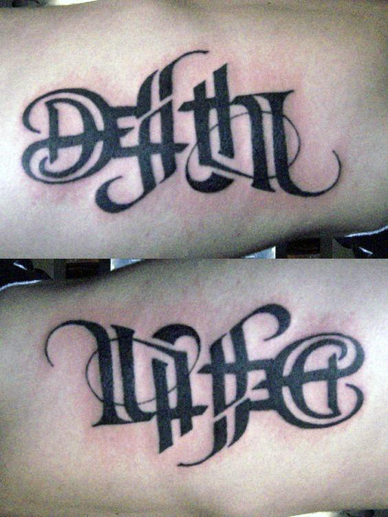 Ambigram Mens Rib Cage Side Life Death Tattoo Designs