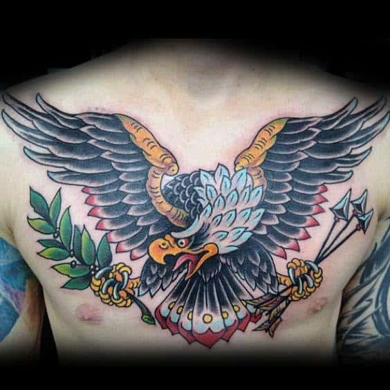 American Bald Eagle Arrows With Olive Branch Chest Tattoos For Men