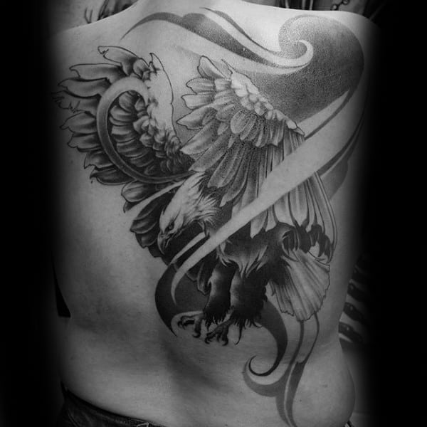 American Eagle Hawk Wrapped In Pattern Back Tattoo On Male