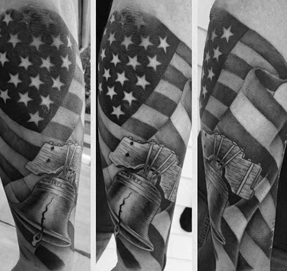 American Flag And Liberty Bell Mens Forearm Sleeve Tatoos