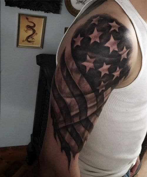 American Flag Arm Tattoos For Males In Black Ink