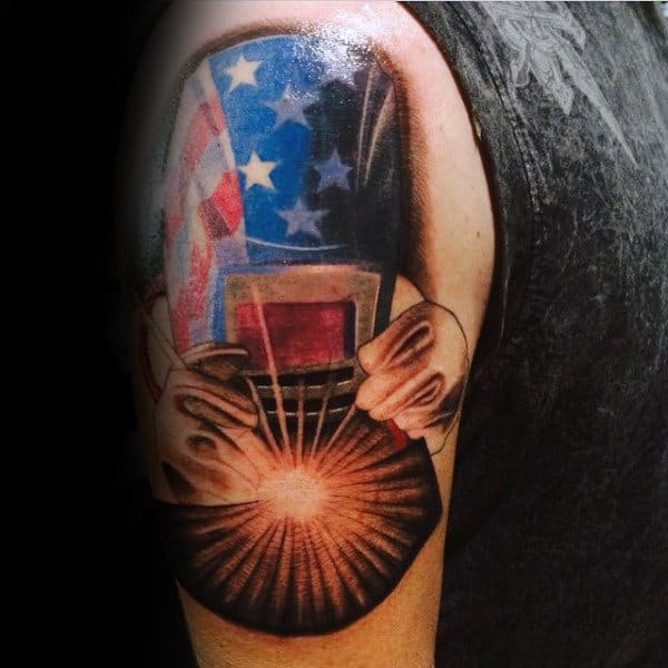 American Flag Helmet Welding Tattoos On Mans Upper Arm
