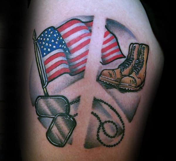 American Flag Military Themed Male Peace Sign Tattoos On Tigh