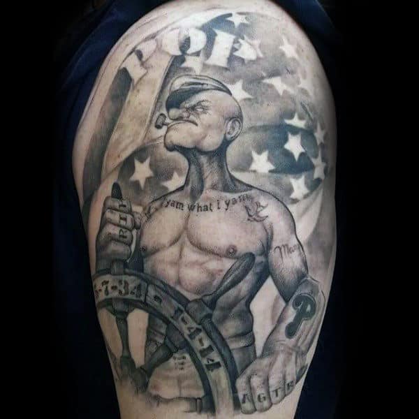 American Flag Popeye Upper Arm Guys Tattoos