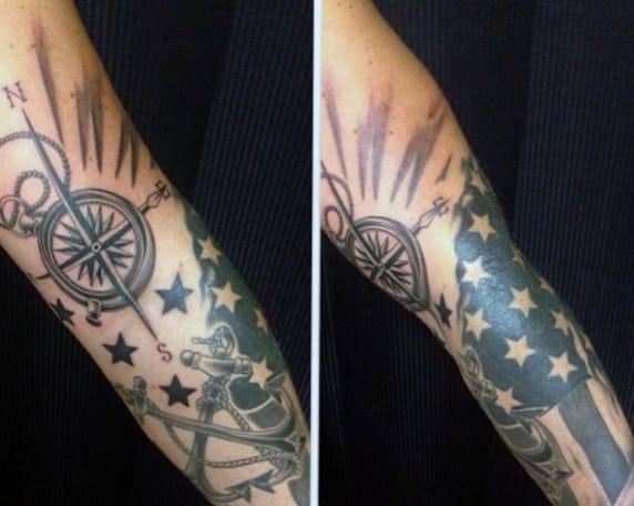 Forearm tattoos featuring a ship wheel, anchor, nautical stars, and American flag