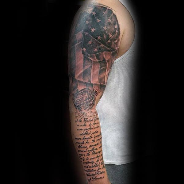 American Flag We The People Dog Tag Sleeve Tattoos On Man
