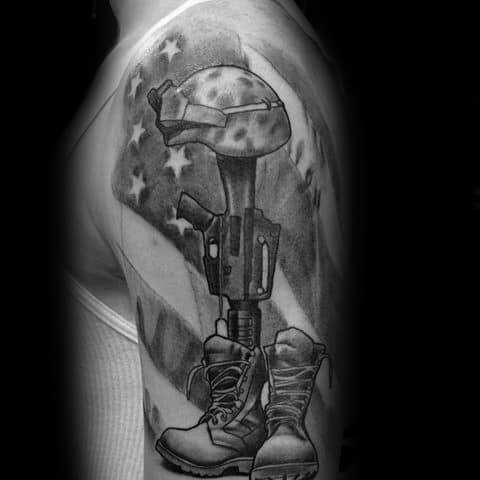 American Flag With Fallen Soldiers Cross Half Sleeve Tattoo For Men