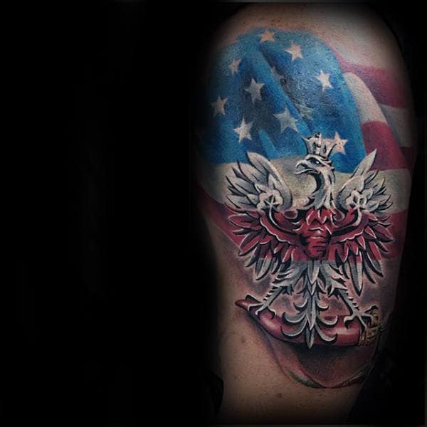 American Flag With Polish Eagle Mens Arm Tattoo