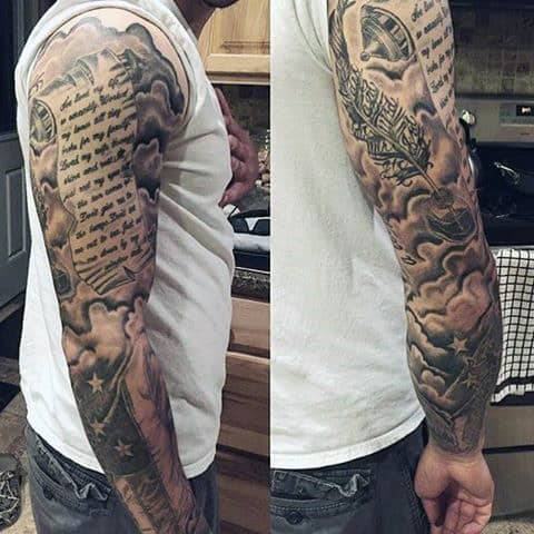 American Flag With Shaded Clouds Guys Scroll Full Sleeve Tattoos