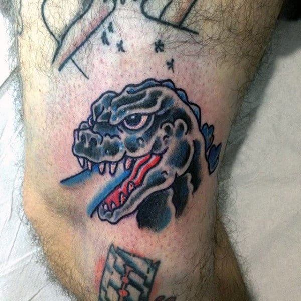 American Traditional Oulined Godzilla Tattoo On Guys Inner Thigh