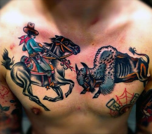 American Traditional Vibrant Chest Piece Tattoo Man Shooting Bull