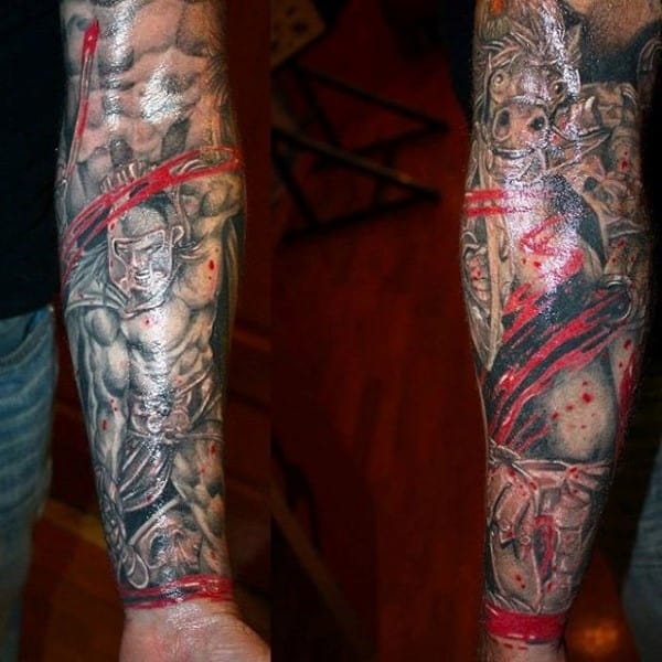 Forearm tattoo of black and gray gladiator warriors with red streaks