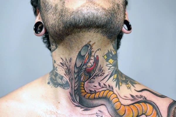 Throat tattoo of a striking snake with an open mouth, bold black and yellow scales, and dynamic shading wrapping around the neck