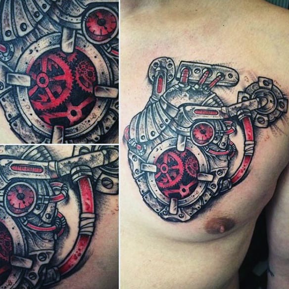 Anatomical Heart Shaped Steampunk Tattoo On Male Chest