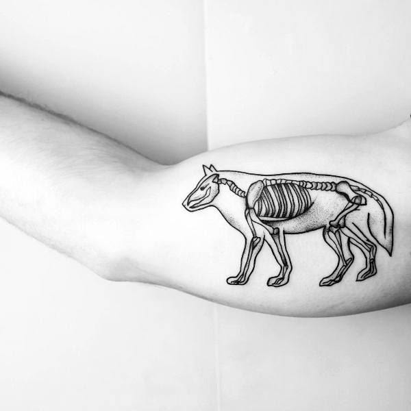 Minimalist tattoo of a dog with visible skeletal structure, outlined in black on the inner arm for a clean anatomical look.