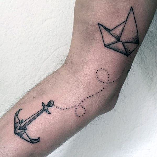 Anchor And Boat Male Origami Arm Tattoos