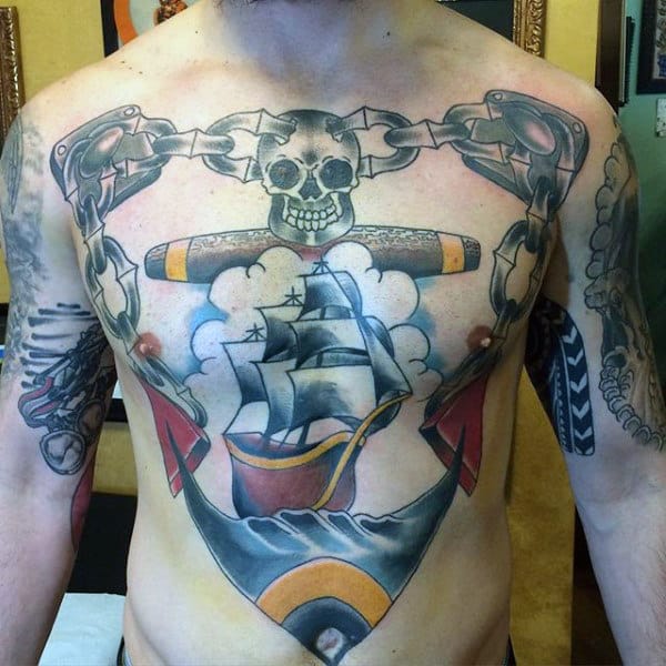 Anchor And Ship Guys Old School Nautical Full Chest Tattoo Ideas