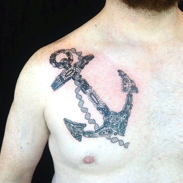 Anchor Bacteria Science Tattoo For Guys On Chest