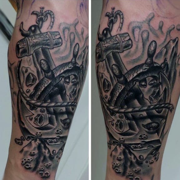 Anchor Breaking Through Ship Wheel Tattoo For Men On Arm