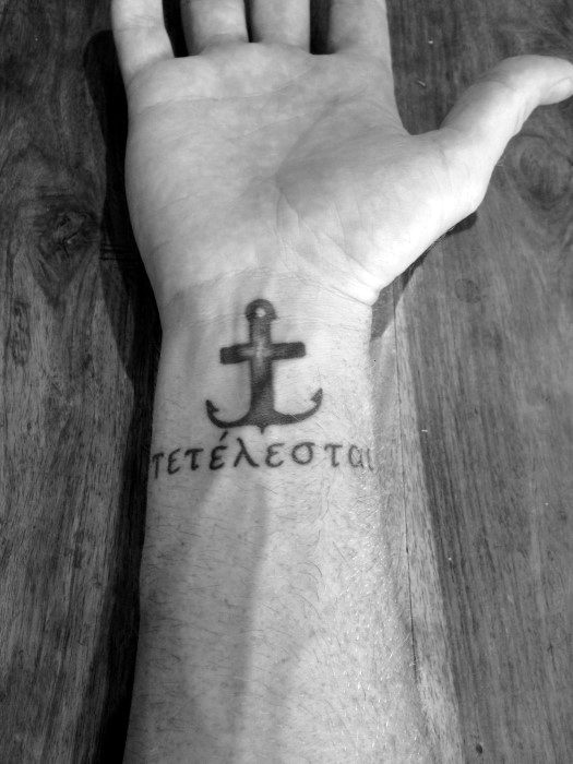 Anchor Cross With Tetelestai Wrist Tattoos For Men