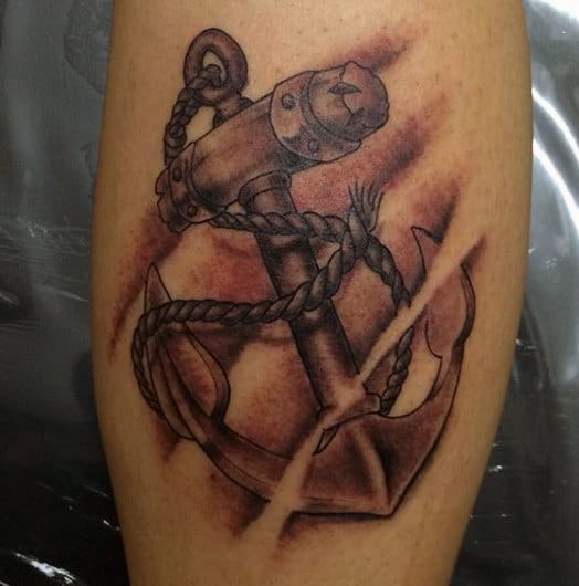 Tattoo of a shaded anchor with rope