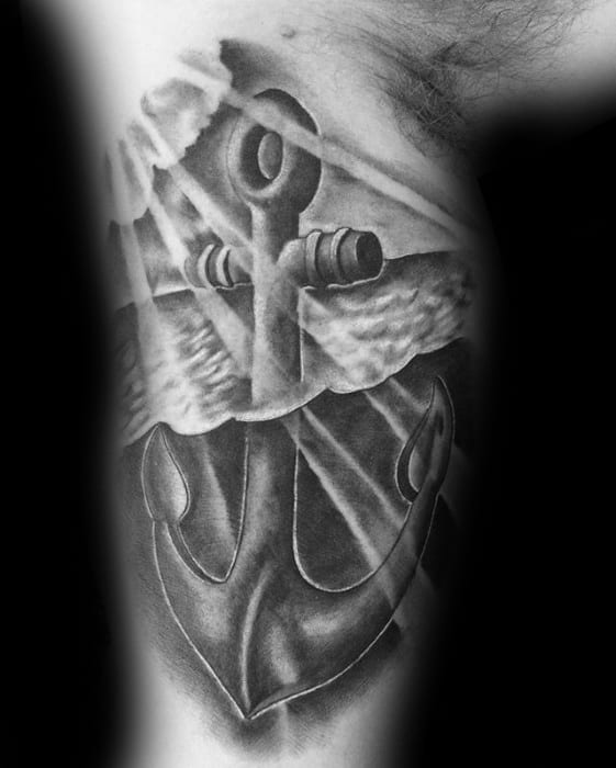 3D Tattoo of an Anchor Under Water on a Bicep