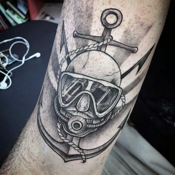 Anchor With Diver Mask Forearm Tattoo Design On Man