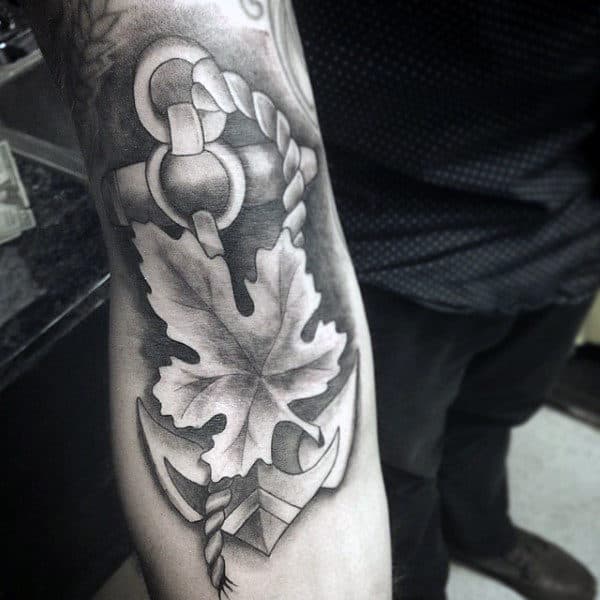 Anchor With Maple Leaf Mens Inner Forearm Tattoo