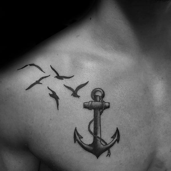 Anchor With Seagulls Mens Upper Chest Tattoos