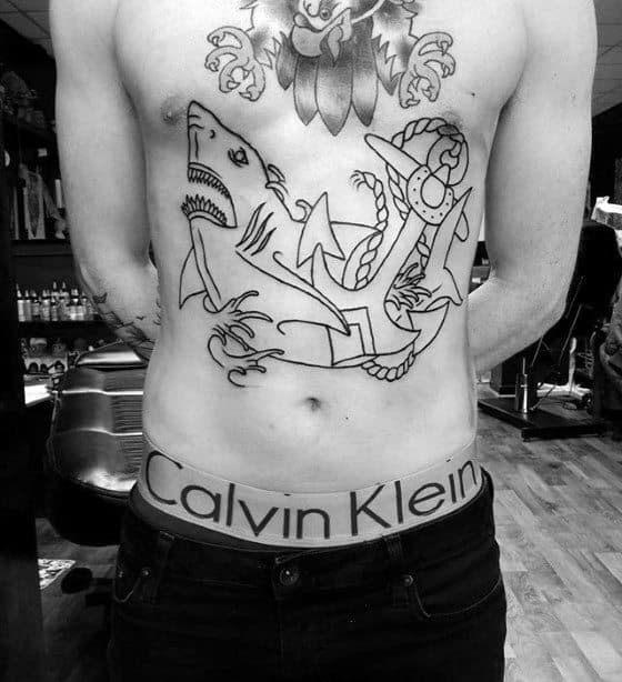 Anchor With Shark Mens Black Ink Outline Traditional Chest Tattoo