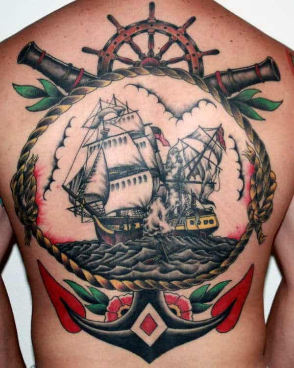 Anchor With Ship Traditional Male Tattoo On Back