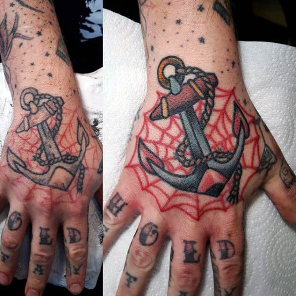 Anchor With Spider Web Traditional Hand Tattoo Ideas For Guys