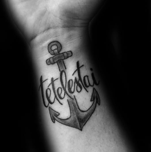 Anchor With Tetelestai Traditional Mens Wrist Tattoos
