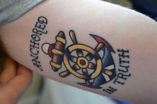 Anchored In Truth Mens Small Ship Wheel Tattoo Design Inspiration