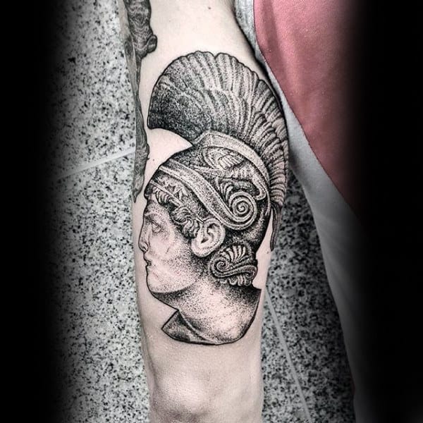 Ancient Tribal Woman With Head Dress Dotwork Tattoo On Male Arms