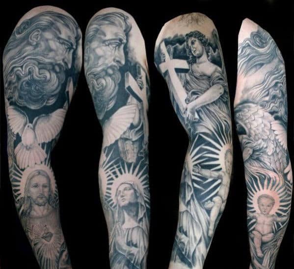 Angel Carrying Cross With Jesus Mens Full Sleeve Tattoos