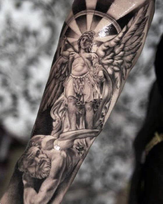 Angel Catholic Mens Amazing Forearm Sleeve Tattoo Design Ideas