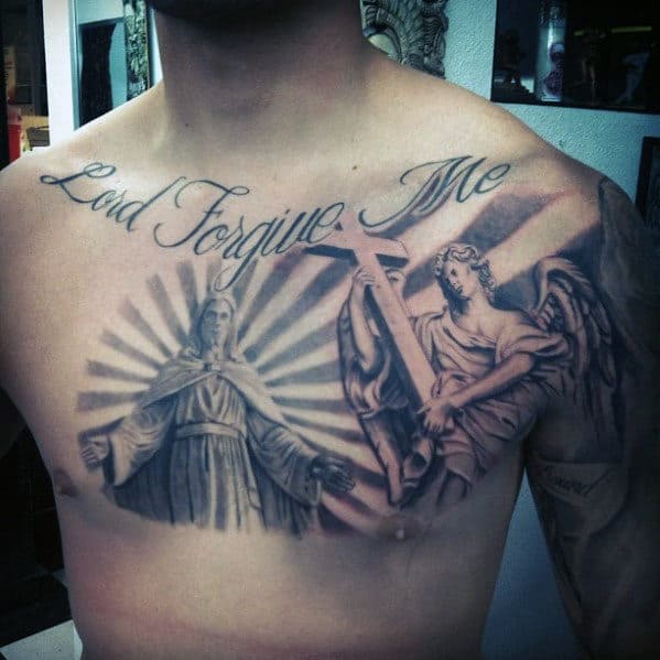 Angel Holding Cross With Lord Forgive Me Quote Mens 3d Chest Tattoos