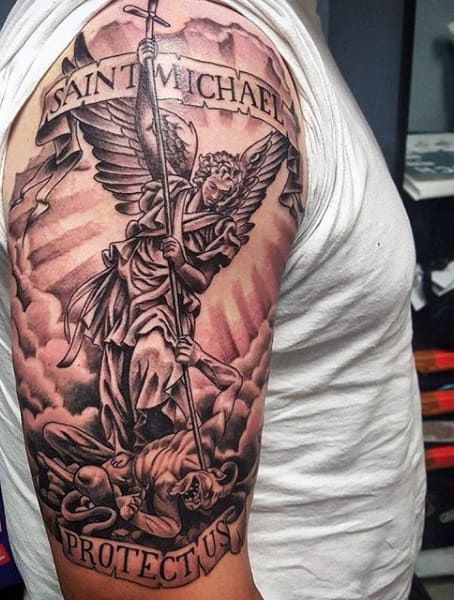 Angel Micheal Tattoos On Man's Arm