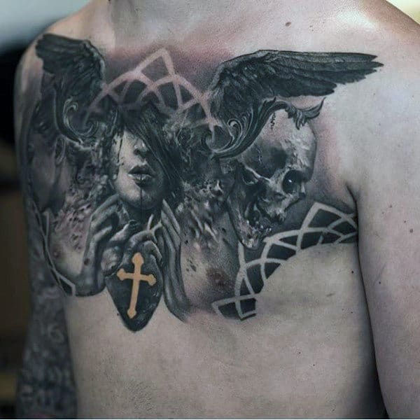 Chest tattoo with angel wings, a skull, and a cross on a shirtless person